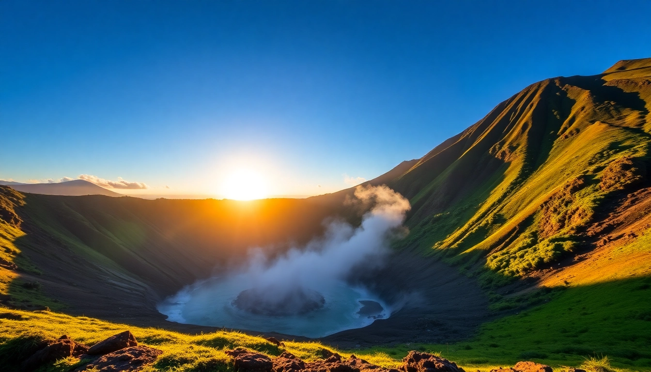 Photograph of Mount Rinjani’s active crater surrounded by lush forest and morning fog, showcasing the mountain’s majestic and volcanic features.