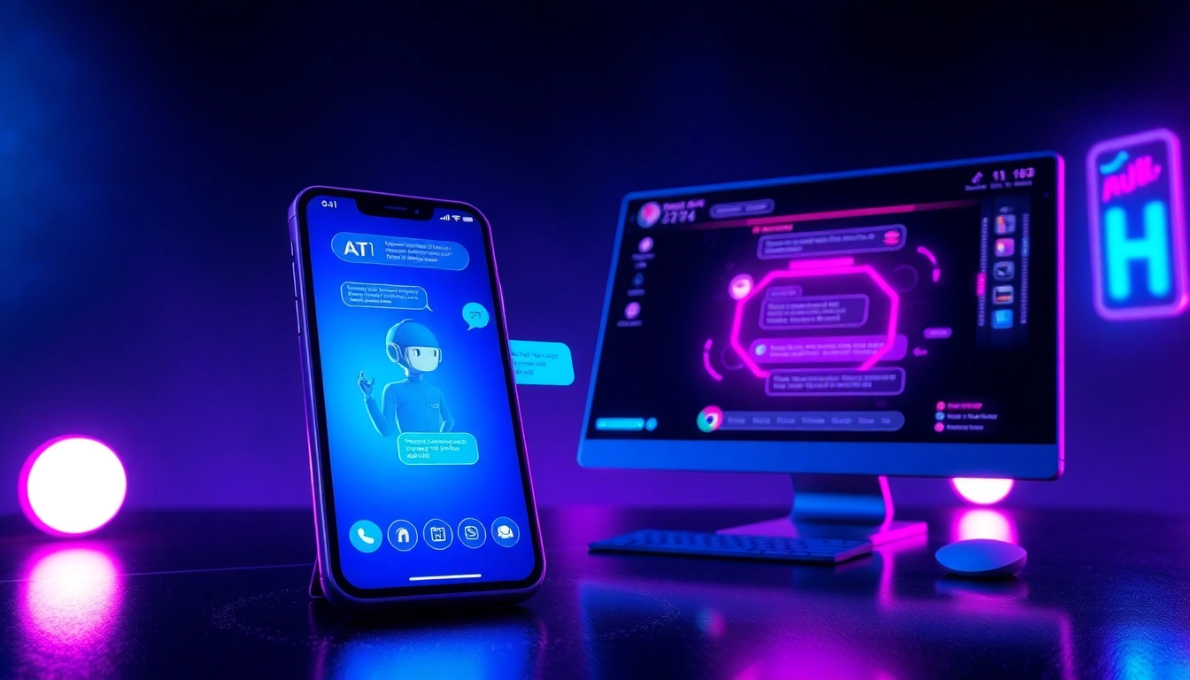 Illustration of a futuristic chat interface with neon colors and customizable AI characters on mobile and desktop screens at night.