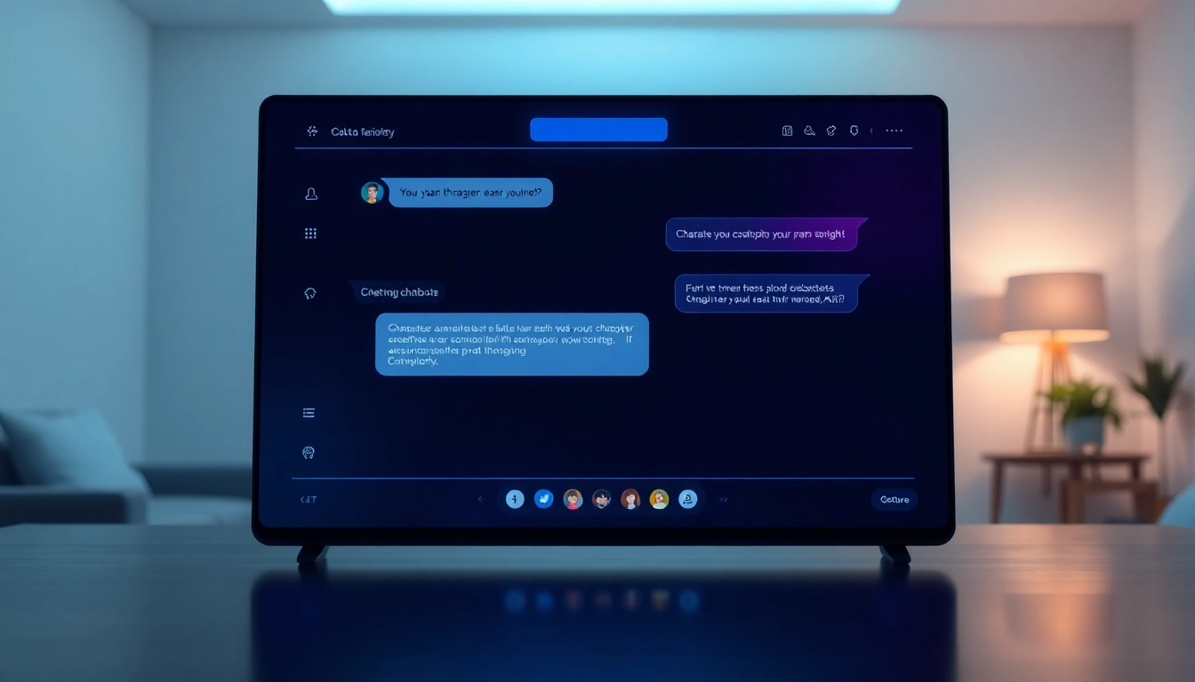 A futuristic chat interface on a screen with glowing accents, showcasing AI conversation features.
