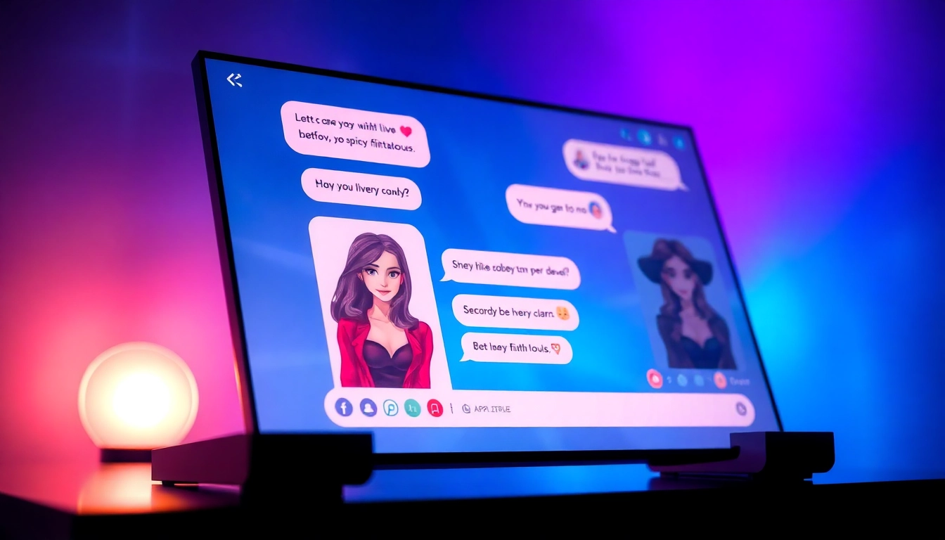 A futuristic AI chatbot interface with suggestive conversation bubbles and customizable characters glowing on a sleek screen.