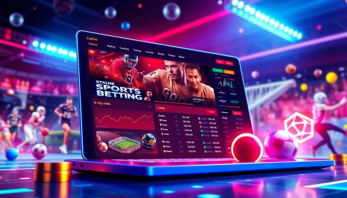 Screenshot of an online sportsbook and casino platform with colorful betting options and live sports images.