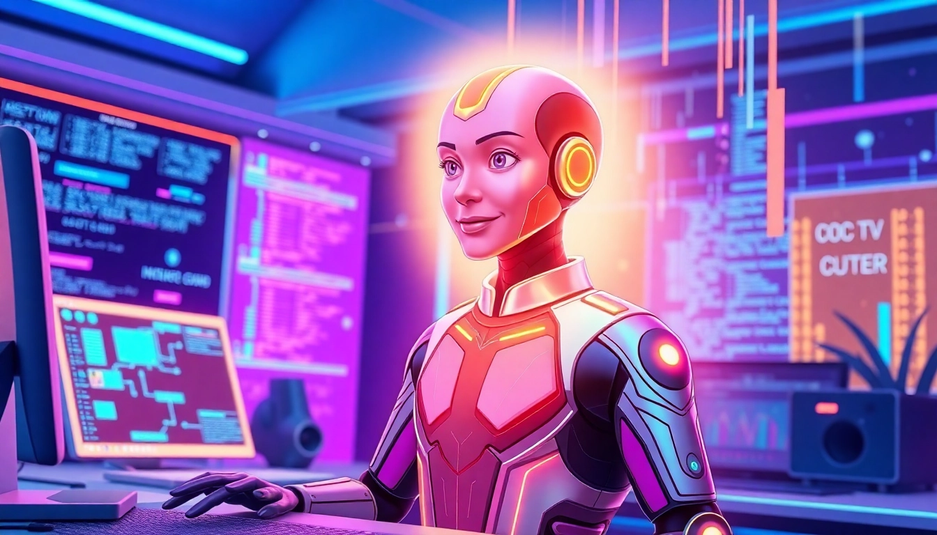 A futuristic AI chatbot interface with a holographic DILF figure emerging from a digital screen in a modern workspace.