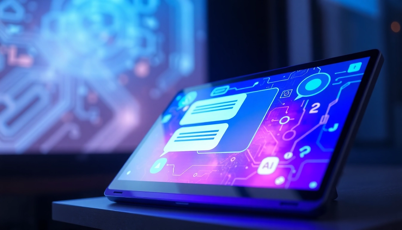 Futuristic AI chatbot interface with colorful glowing chat bubbles on a sleek screen, digital circuit background, and ambient lighting.