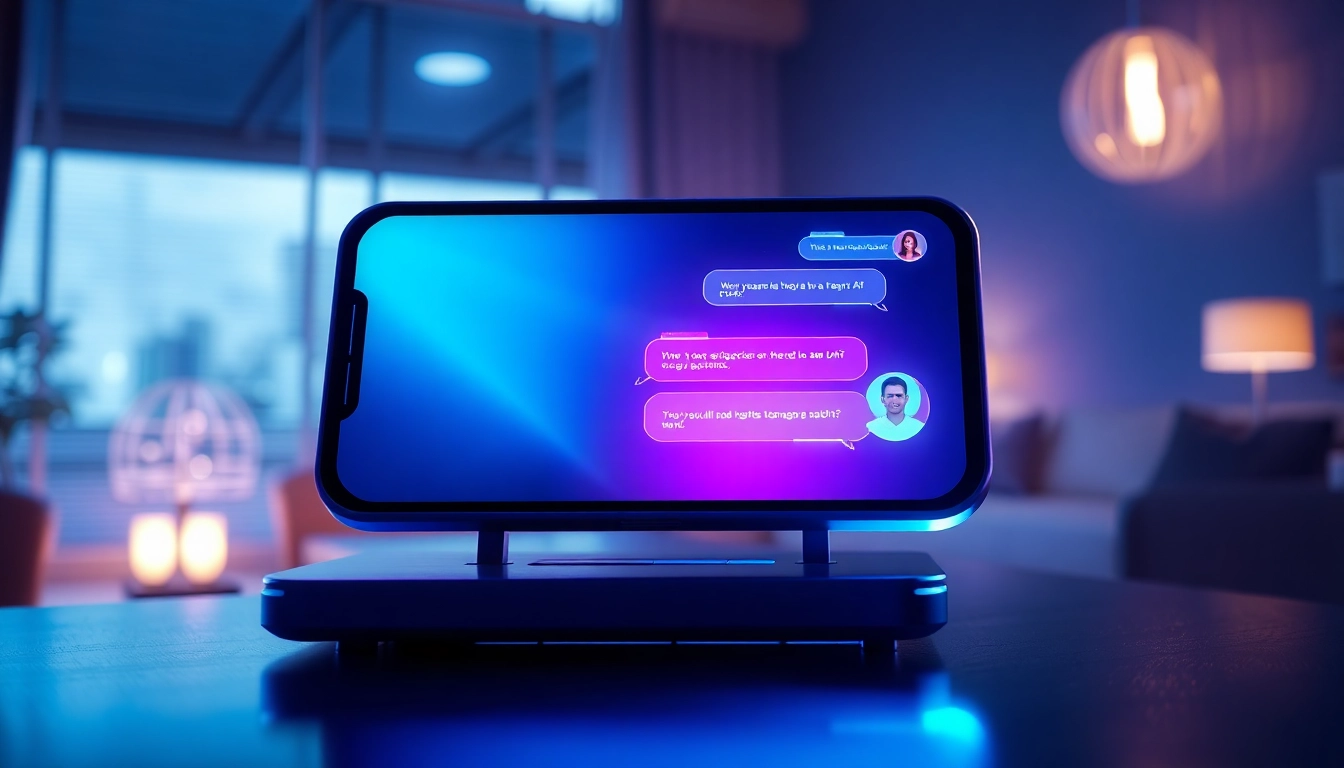 Futuristic chat interface on a high-tech device with glowing neon accents in a modern setting.