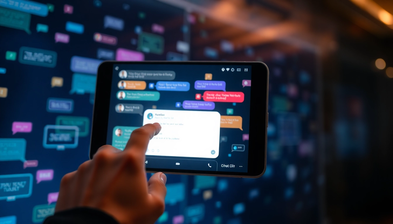 A user interacting with a customizable AI chat platform on a mobile device, showcasing dynamic conversations and vibrant digital interface elements.