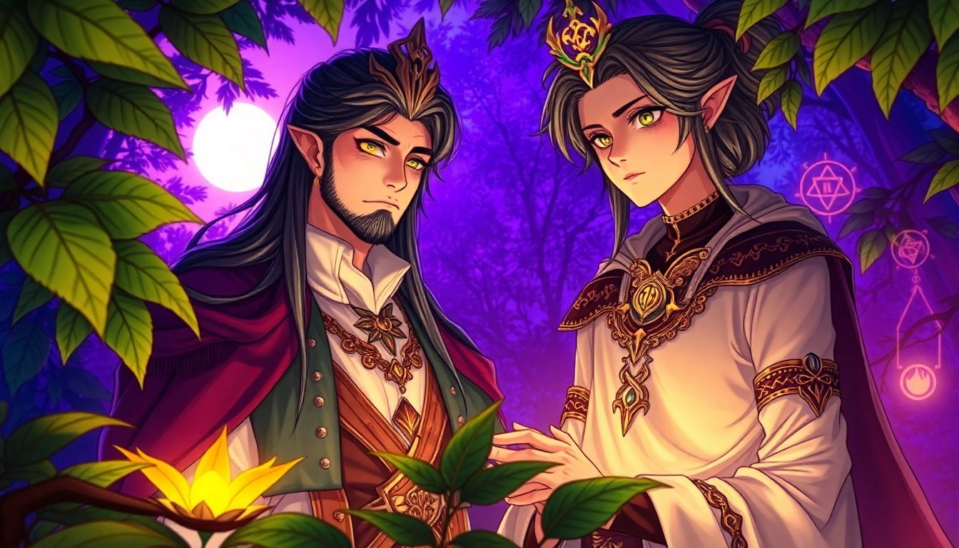 Fantasy scene with two humanoid characters in a mystical forest at twilight, dressed in elaborate attire with vibrant colors and detailed textures.