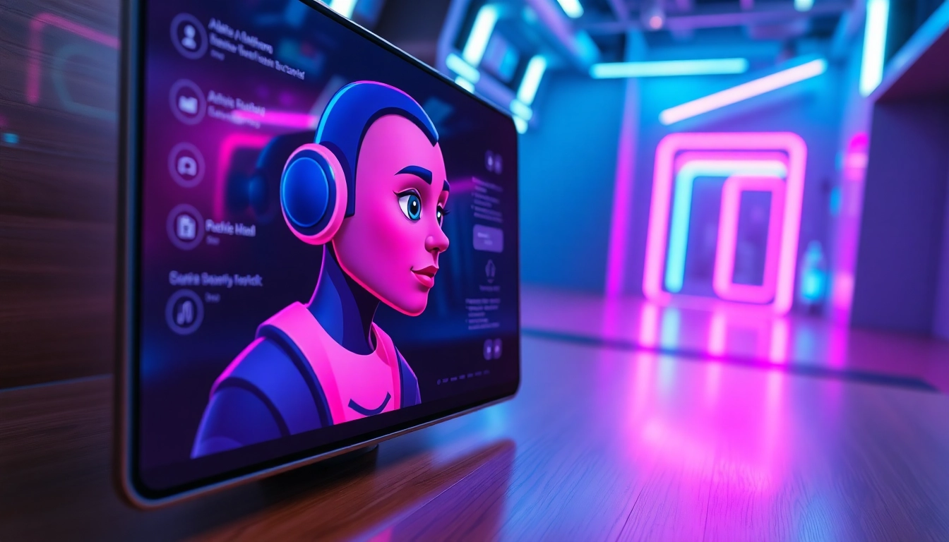 Futuristic AI chatbot interface with a colorful character and high-tech background